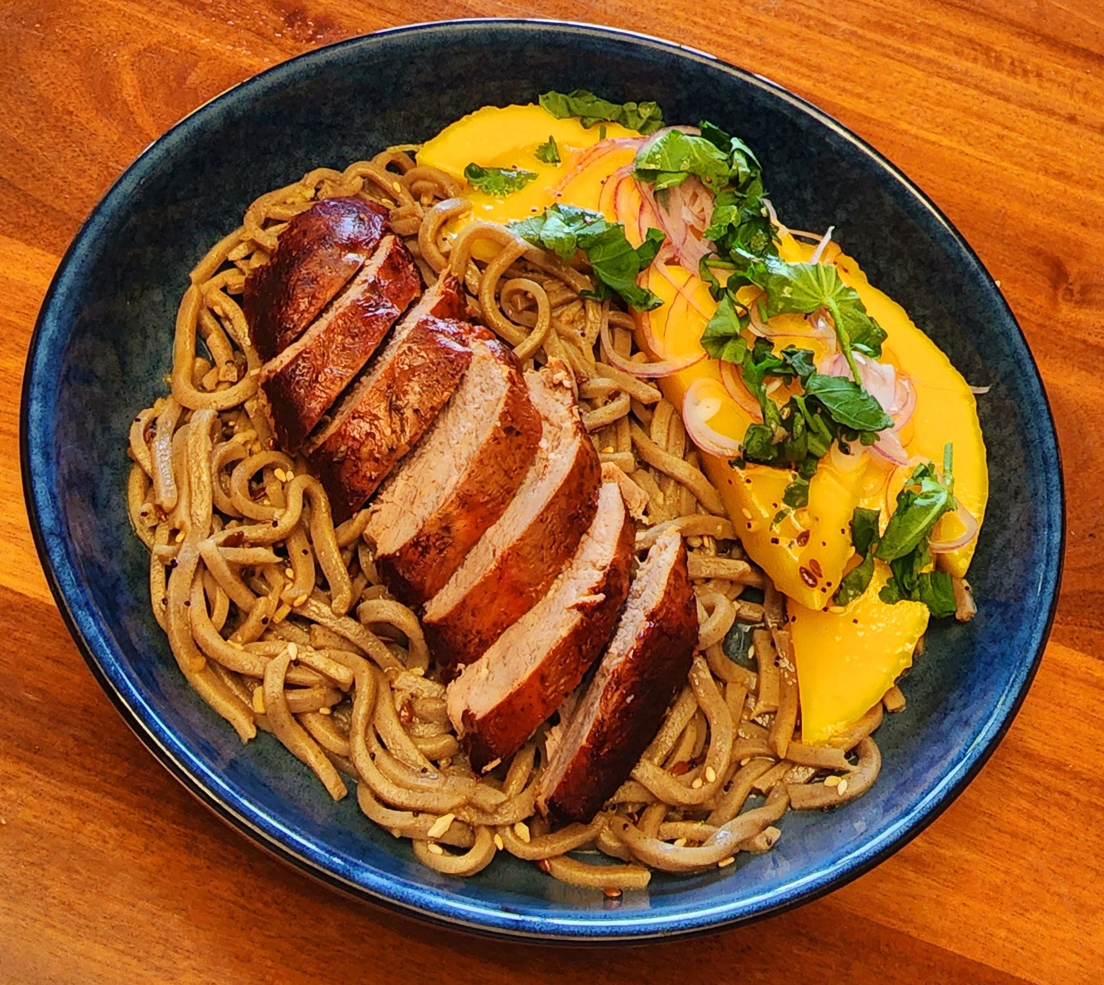 Luv-a-Duck Peking Flavoured Duck Breast on Soba Noodles & Mango